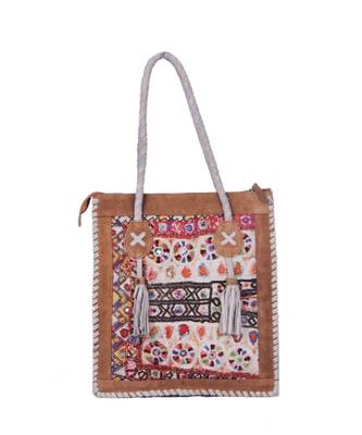Indian Handmade cotton Brown Leather with jati work  Bag 1