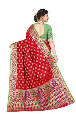 Red woven cotton silk saree with blouse 3