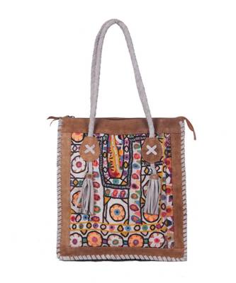 Indian Handmade cotton Brown Leather with jati work  Bag 2
