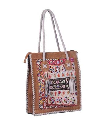 Indian Handmade cotton Brown Leather with jati work  Bag 3