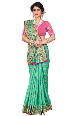 Green woven cotton silk saree with blouse 1