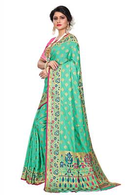 Green woven cotton silk saree with blouse 2