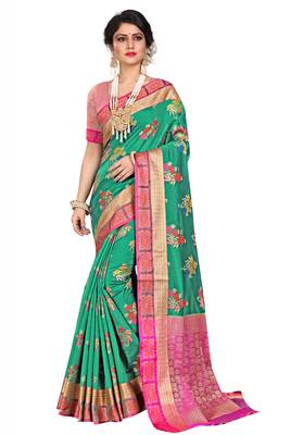 Green woven cotton silk saree with blouse 1