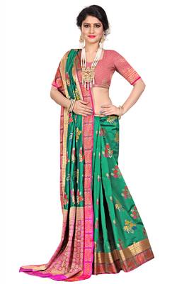 Green woven cotton silk saree with blouse 4