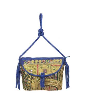 Indian Handmade cotton Blue Golden Zari work Leather Bag 1