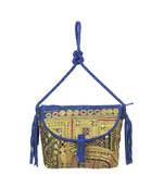 Indian Handmade cotton Blue Golden Zari work Leather Bag