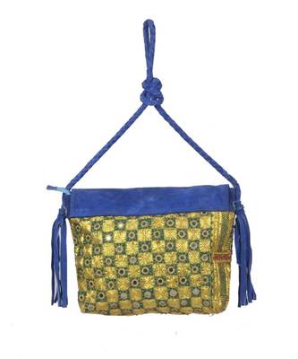 Indian Handmade cotton Blue Golden Zari work Leather Bag 2