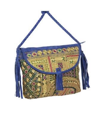 Indian Handmade cotton Blue Golden Zari work Leather Bag 3
