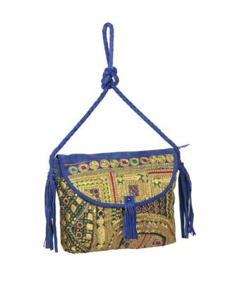 Indian Handmade cotton Blue Golden Zari work Leather Bag 4