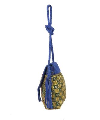 Indian Handmade cotton Blue Golden Zari work Leather Bag 5