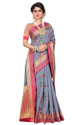 Grey woven cotton silk saree with blouse 4