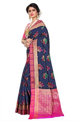 Blue woven cotton silk saree with blouse 2