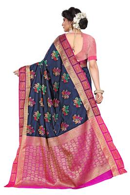 Blue woven cotton silk saree with blouse 3