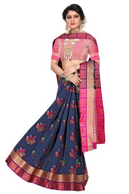 Blue woven cotton silk saree with blouse 4
