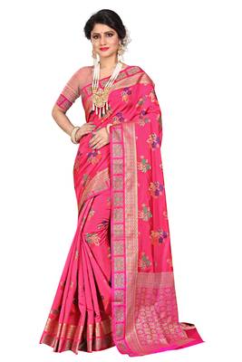 Pink woven cotton silk saree with blouse 1