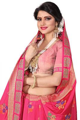 Pink woven cotton silk saree with blouse 5
