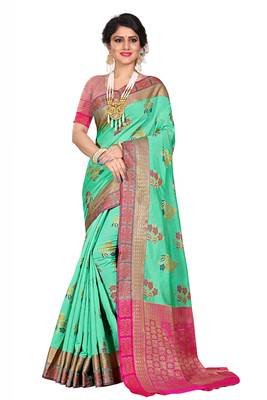 Green woven cotton silk saree with blouse 1