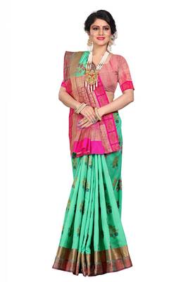 Green woven cotton silk saree with blouse 4