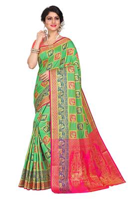 Green woven cotton silk saree with blouse 1