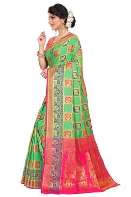 Green woven cotton silk saree with blouse 2
