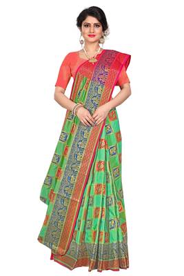Green woven cotton silk saree with blouse 4