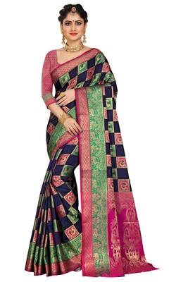 Blue woven cotton silk saree with blouse 1