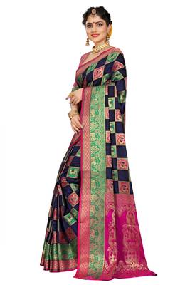 Blue woven cotton silk saree with blouse 2