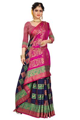 Blue woven cotton silk saree with blouse 4