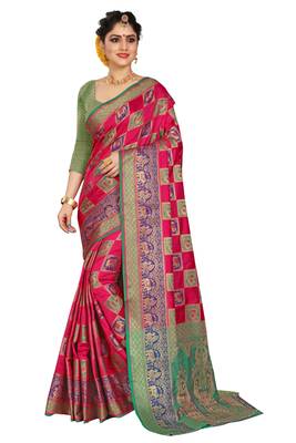 Pink woven cotton silk saree with blouse 1