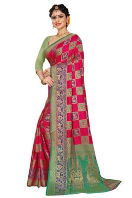 Pink woven cotton silk saree with blouse 2