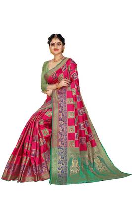 Pink woven cotton silk saree with blouse 4