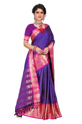 Blue woven silk blend saree with blouse 4