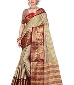 Beige woven silk blend saree with blouse