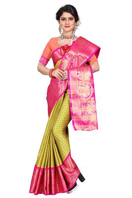 Yellow woven silk blend saree with blouse 1