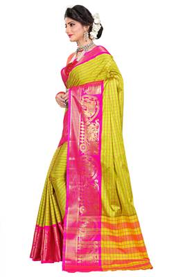 Yellow woven silk blend saree with blouse 3
