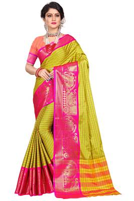 Yellow woven silk blend saree with blouse 4