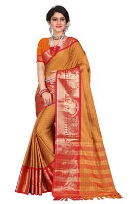 Mustard woven silk blend saree with blouse 1