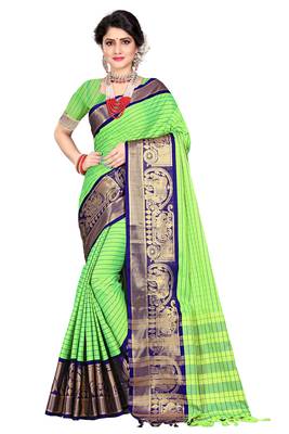 Green woven silk blend saree with blouse 5