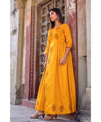 mustard hand print silk kurtis 1