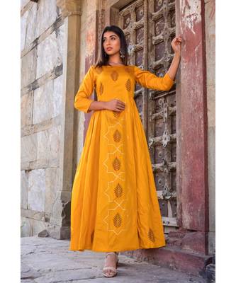 mustard hand print silk kurtis 3