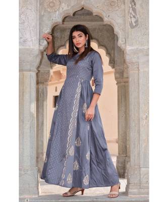 grey hand print silk kurtis 1