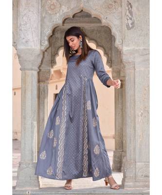 grey hand print silk kurtis 4