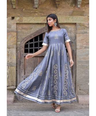 grey hand print silk kurtis 1