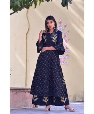 black hand print silk kurta sets 3