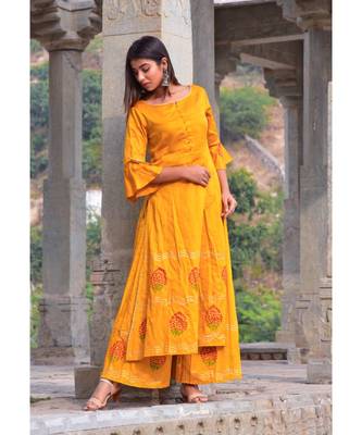 mustard hand print silk kurta sets 1