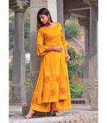 mustard hand print silk kurta sets