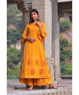 mustard hand print silk kurta sets 3