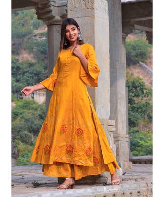 mustard hand print silk kurta sets 4