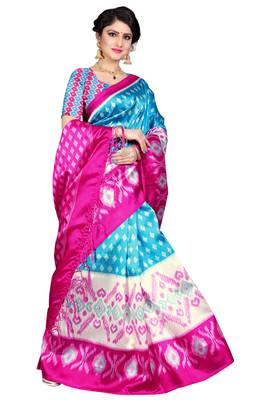 Blue woven art silk saree with blouse 4