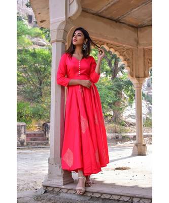 peach hand print silk kurtis 3